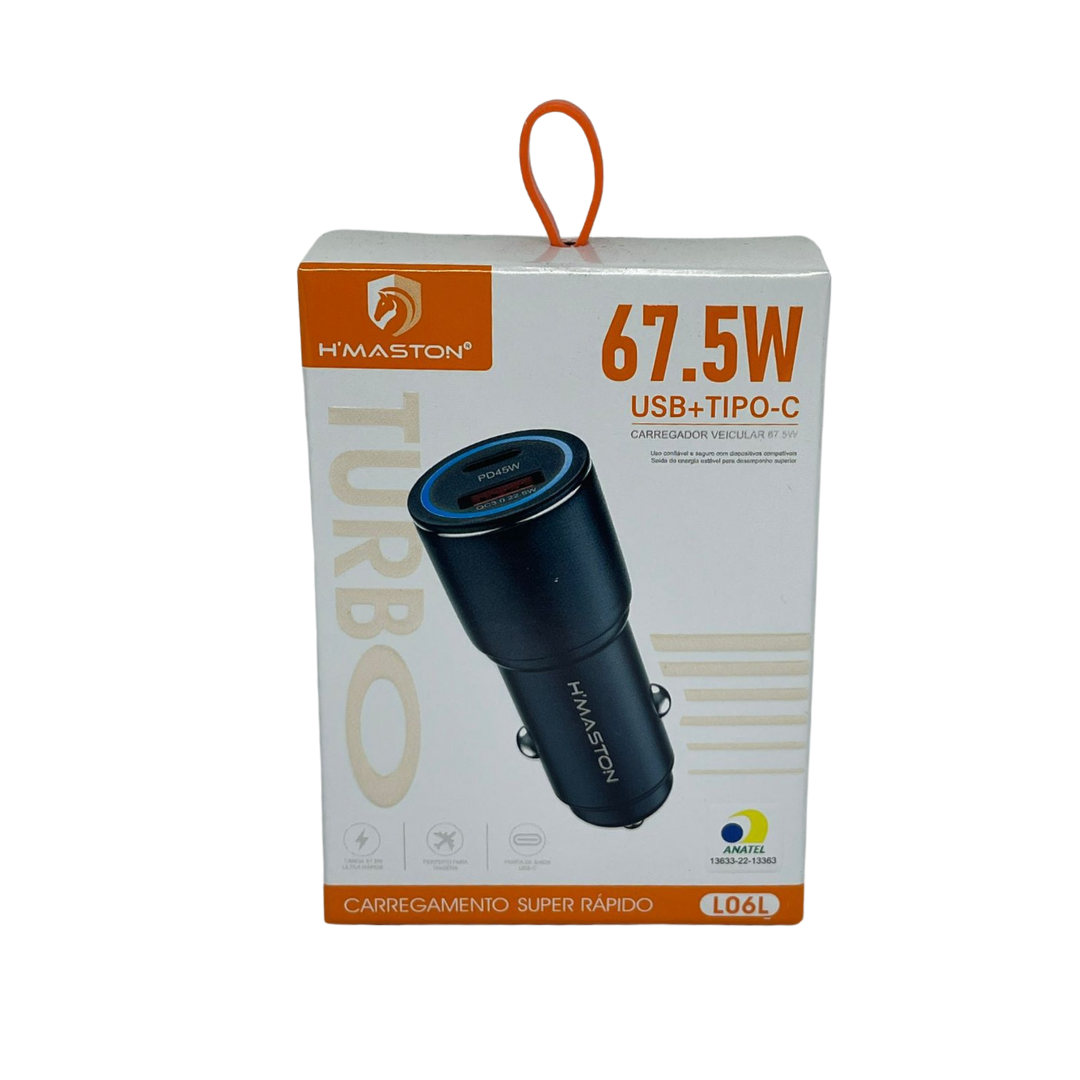 Fonte Veicular USB + Tipo-C Turbo 67W – Carregamento Rápido e Potente