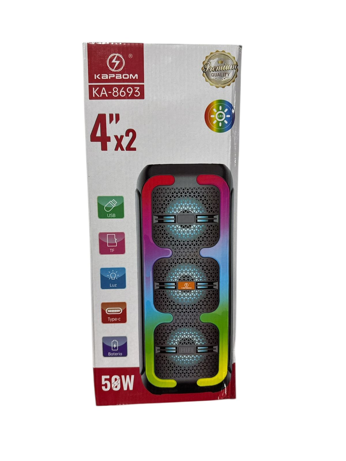 Caixa de Som Bluetooth Kapbom KA-8693 50W RGB com Microfone Portátil