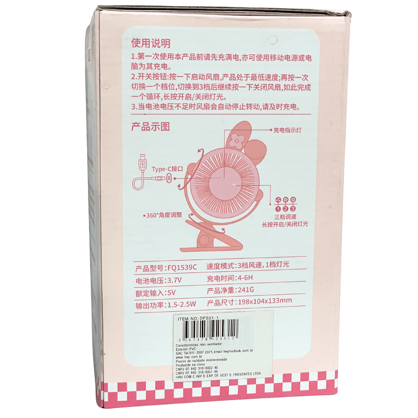 Ventilador com Presilha de Mesa Coelhinho NO.FQ1539C