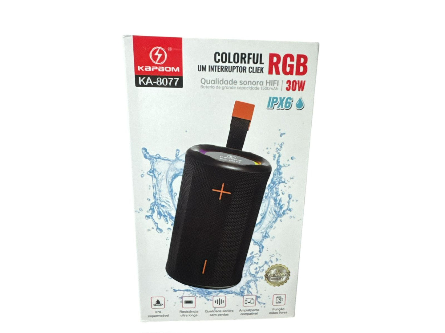 Caixa de Som Bluetooth Kapbom KA-8077 30W RGB Portátil Resistente à Água