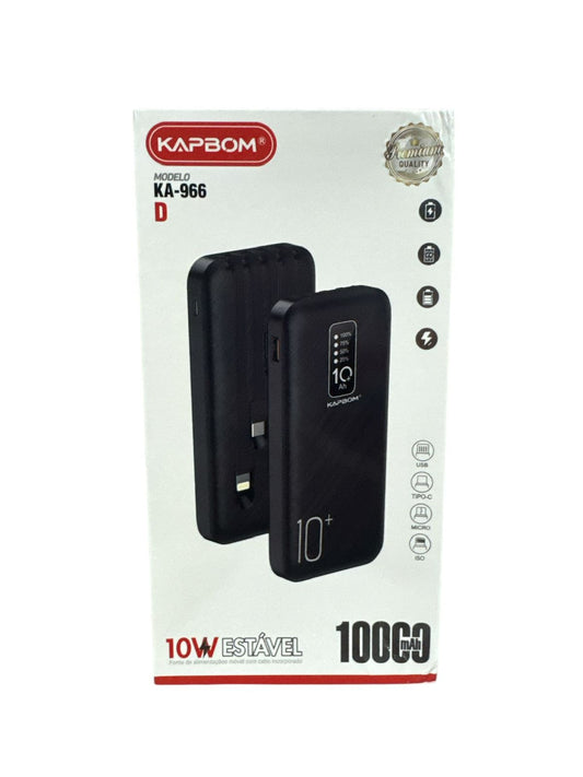 Carregador Portátil Power Bank Kapbom KA-966 10.000mAh com Cabos 3 em 1
