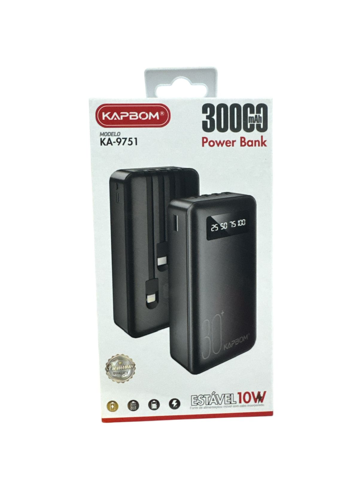 Carregador Portátil Power Bank Kapbom KA-9751 30.000mAh Carga Rápida