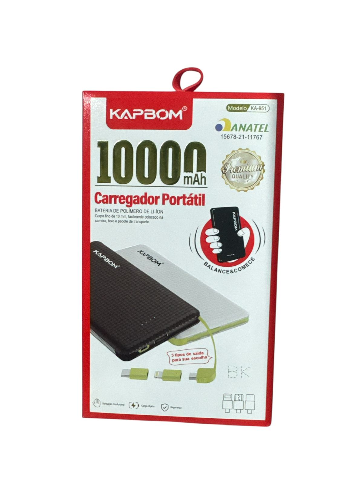 Carregador Portátil Power Bank Kapbom KA-951 10.000mAh com Cabos Embutidos